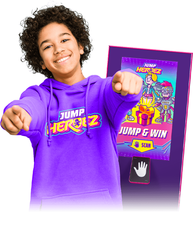 A child mid-jump on a trampoline, wearing a JumpHeroez wristband